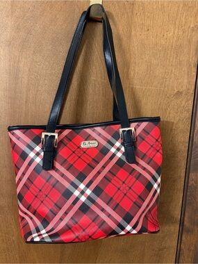 B. Amici Red Plaid Shoulder Tote with Black Straps